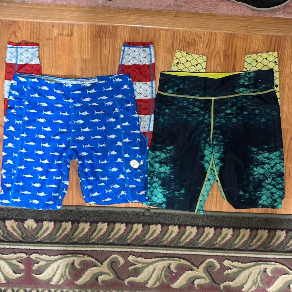 Pelagic leggings, 2 pair, 1 Dorado print (M), 1 Fiji Americano print (L) EUC